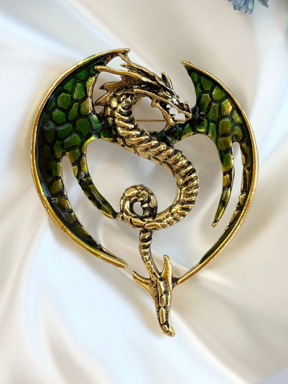 Dragon Figural Gold Toned & Textured Green Enameled Stylized Figural Brooch Pin